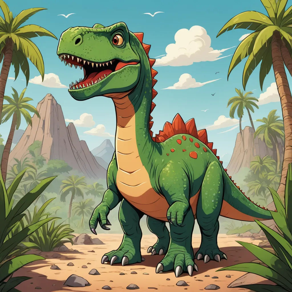 a dinosaur in the jungle with palm trees and mountains in the background illustration by alex krautke, sots art, a storybook illustration, Adam Rex, rossdraws global illumination