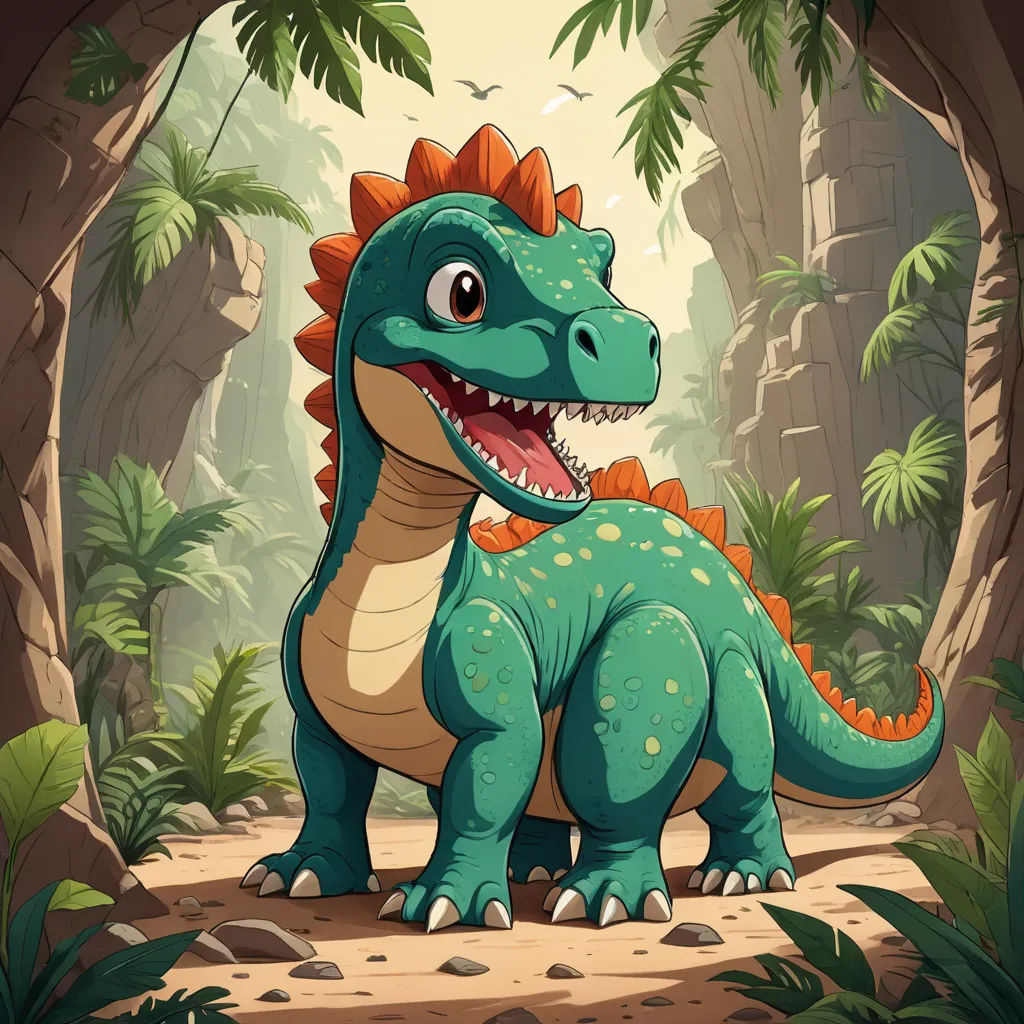 a cartoon dinosaur in a jungle setting with a big smile on his face and mouth, with a large, green, orange, and red,,,,,,,,,,,,,,,,,, sots art, a character portrait, Adam Rex, rossdraws global illumination