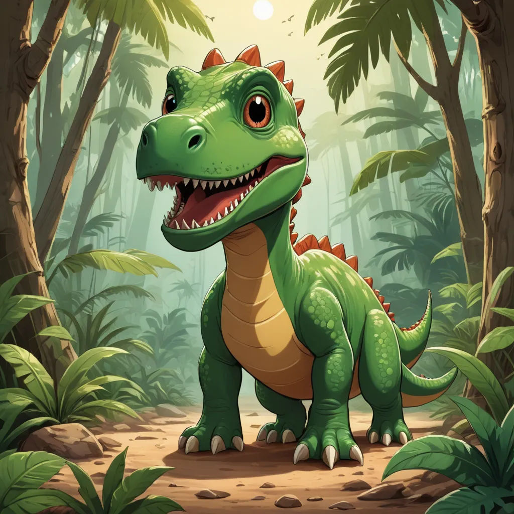 a green dinosaur in a jungle with trees and plants around it's neck and a smiling face on its face, sots art, a storybook illustration, Adam Rex, rossdraws global illumination