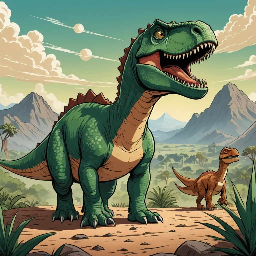 a dinosaur and a t - shirt - necked dinosaur in a desert landscape with mountains and clouds in the background, lyco art, a storybook illustration, Adam Rex, rossdraws global illumination