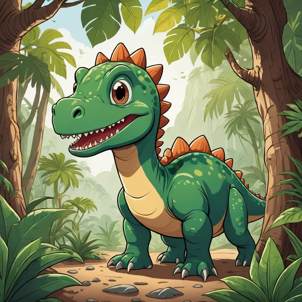 a cartoon dinosaur in the jungle with trees and plants around him and a smiling face on his face,, lyco art, a character portrait, Adam Rex, rossdraws global illumination