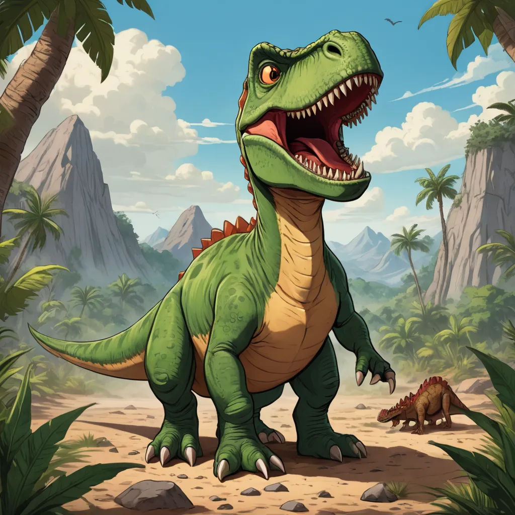 a dinosaur with its mouth open in a jungle setting with palm trees and mountains in the background, with a bird flying overhead, altermodern, concept art, Adam Rex, magic the gathering artwork
