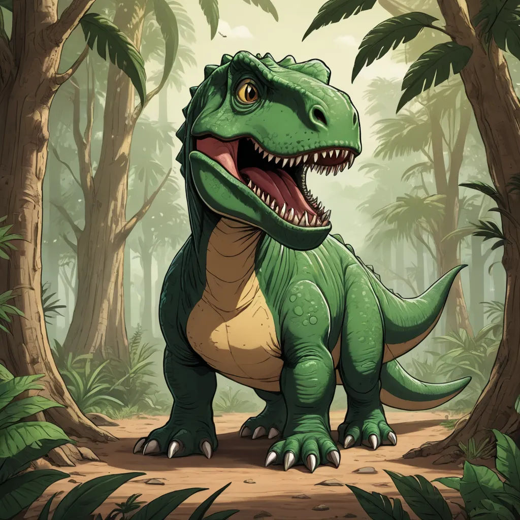 a dinosaur in a jungle with trees and bushes in the background, with a large open mouth and sharp teeth, altermodern, a storybook illustration, Adam Rex, rossdraws global illumination
