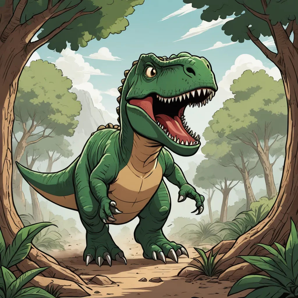 a cartoon dinosaur in the jungle with trees and bushes around it, with a large open mouth and sharp teeth, altermodern, a storybook illustration, Adam Rex, rossdraws global illumination