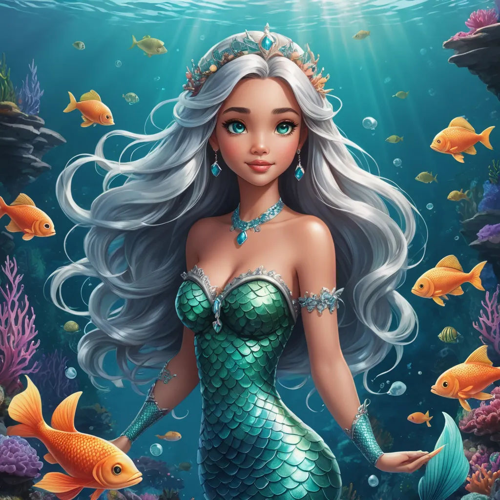 a mermaid with long hair and a tiara standing in the water with fish around her neck and a crown on her head, fantasy art, a digital rendering, Anne Stokes, highly detailed digital painting