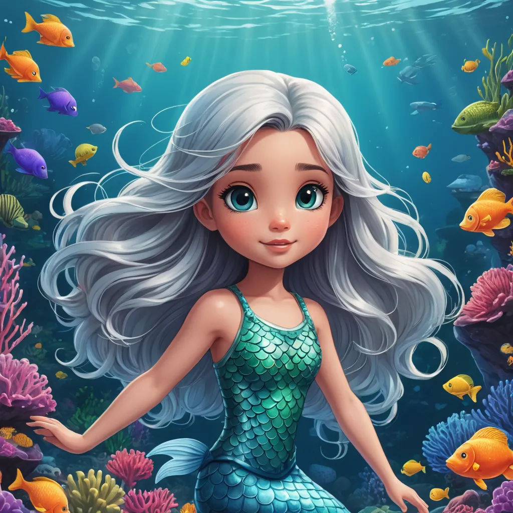 a mermaid sitting on a rock under the water with fish and corals around her, with a sunbeam above her, fantasy art, a storybook illustration, Cliff Childs, highly detailed digital painting