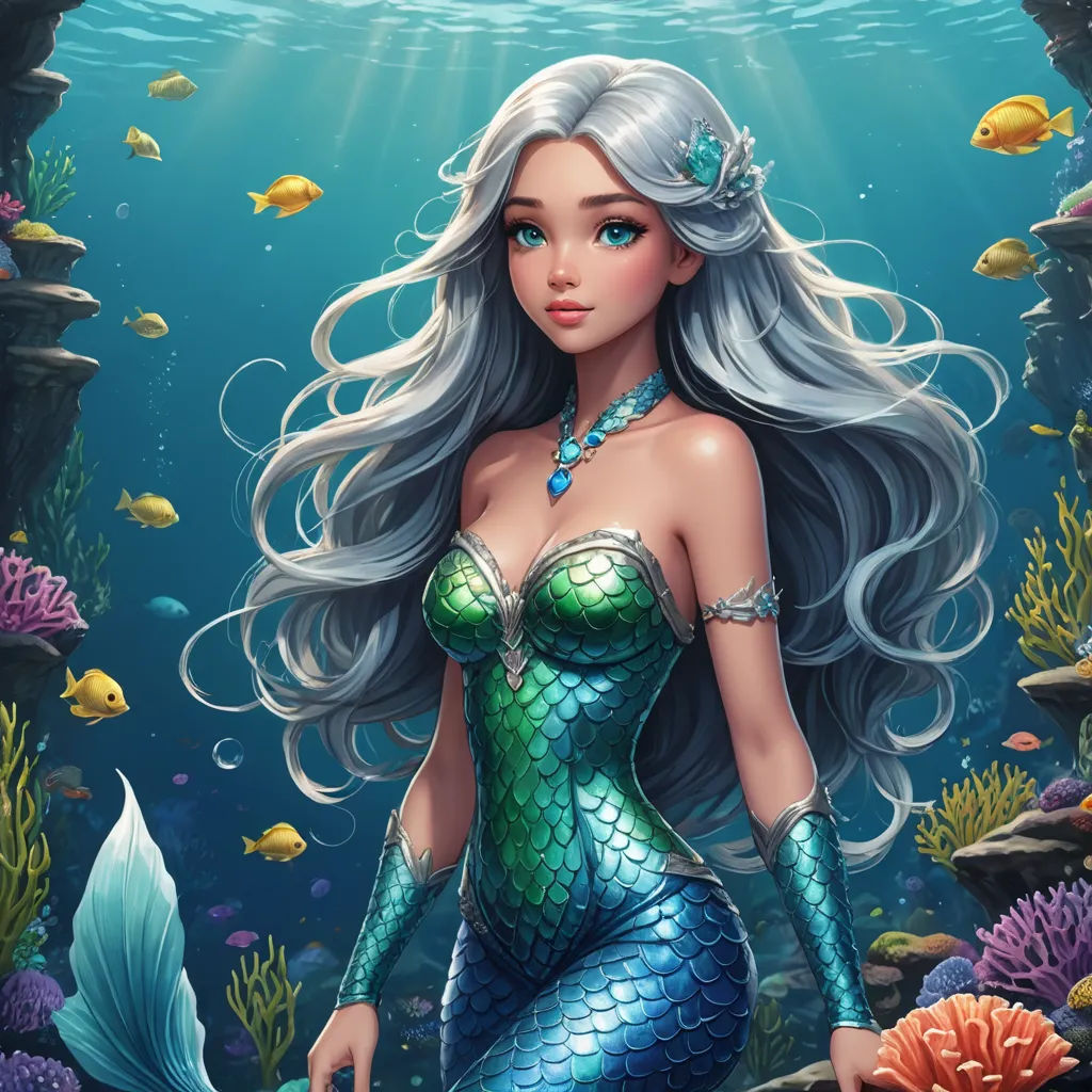 a beautiful mermaid with long hair and a necklace on her head is sitting on a rock under the water, fantasy art, a detailed painting, Anne Stokes, highly detailed digital painting