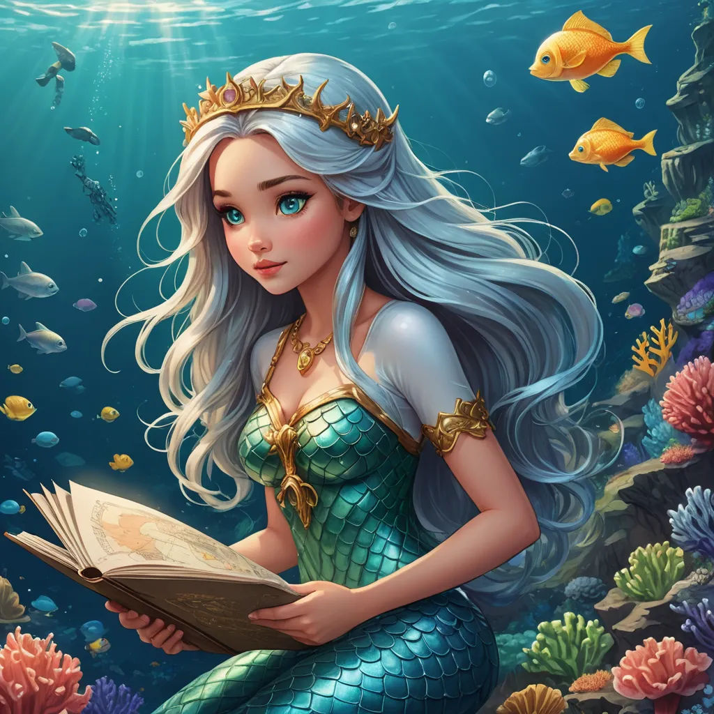 a mermaid with a book in her hand under the water with fish and corals around her, and a gold crown on her head, fantasy art, a storybook illustration, Anna Dittmann, fantasy illustration