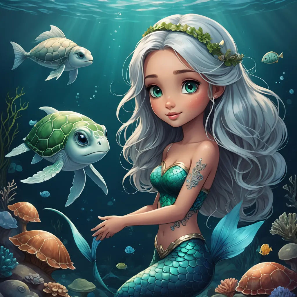 a mermaid with a turtle and turtle in the water with a fish and turtle in the background, and a turtle swimming in the water, fantasy art, a storybook illustration, Anne Stokes, highly detailed digital painting