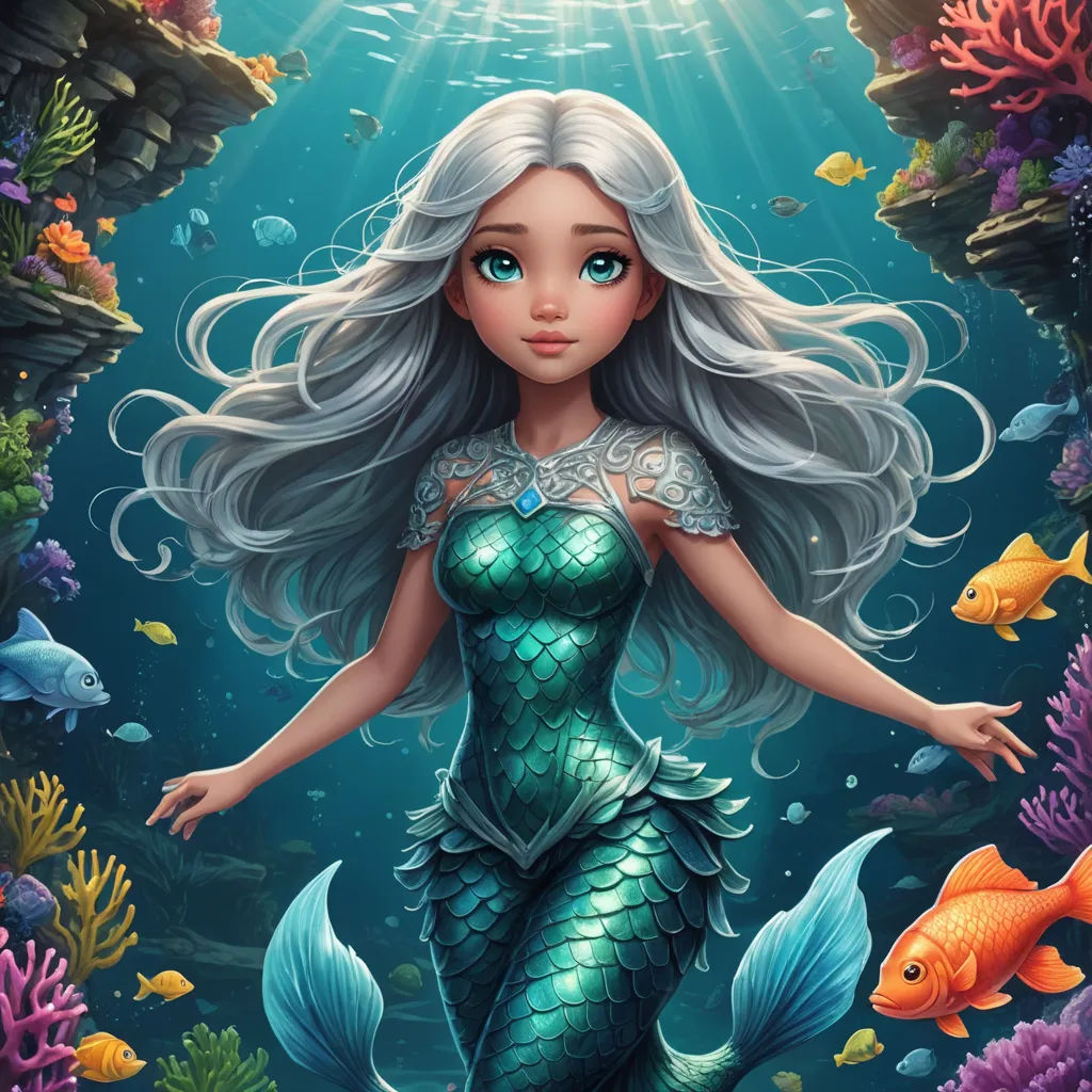 a mermaid with long hair and a fish tail standing in the water with a light shining on her face, fantasy art, an airbrush painting, Anne Stokes, highly detailed digital painting