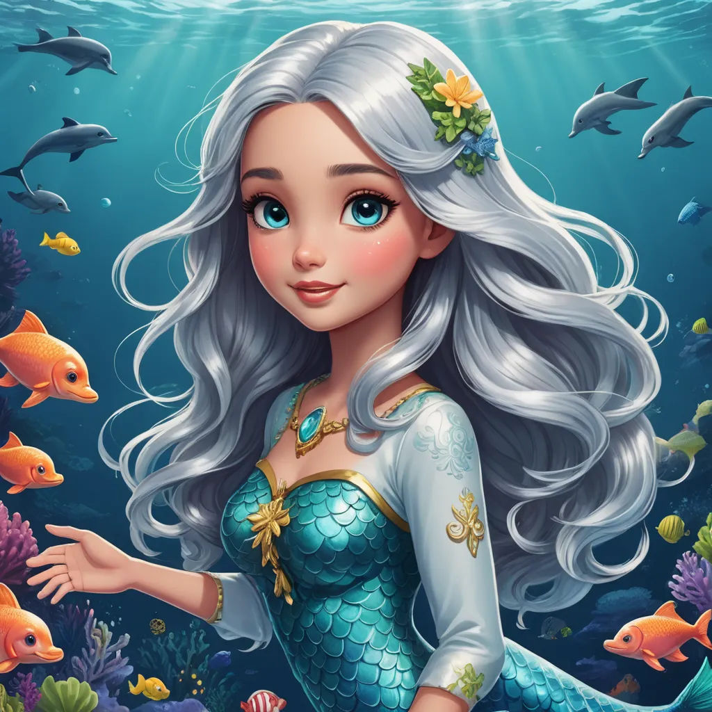 a mermaid with long hair and a flower in her hair is standing in the water surrounded by fish and corals, fantasy art, a character portrait, Altoon Sultan, highly detailed digital painting