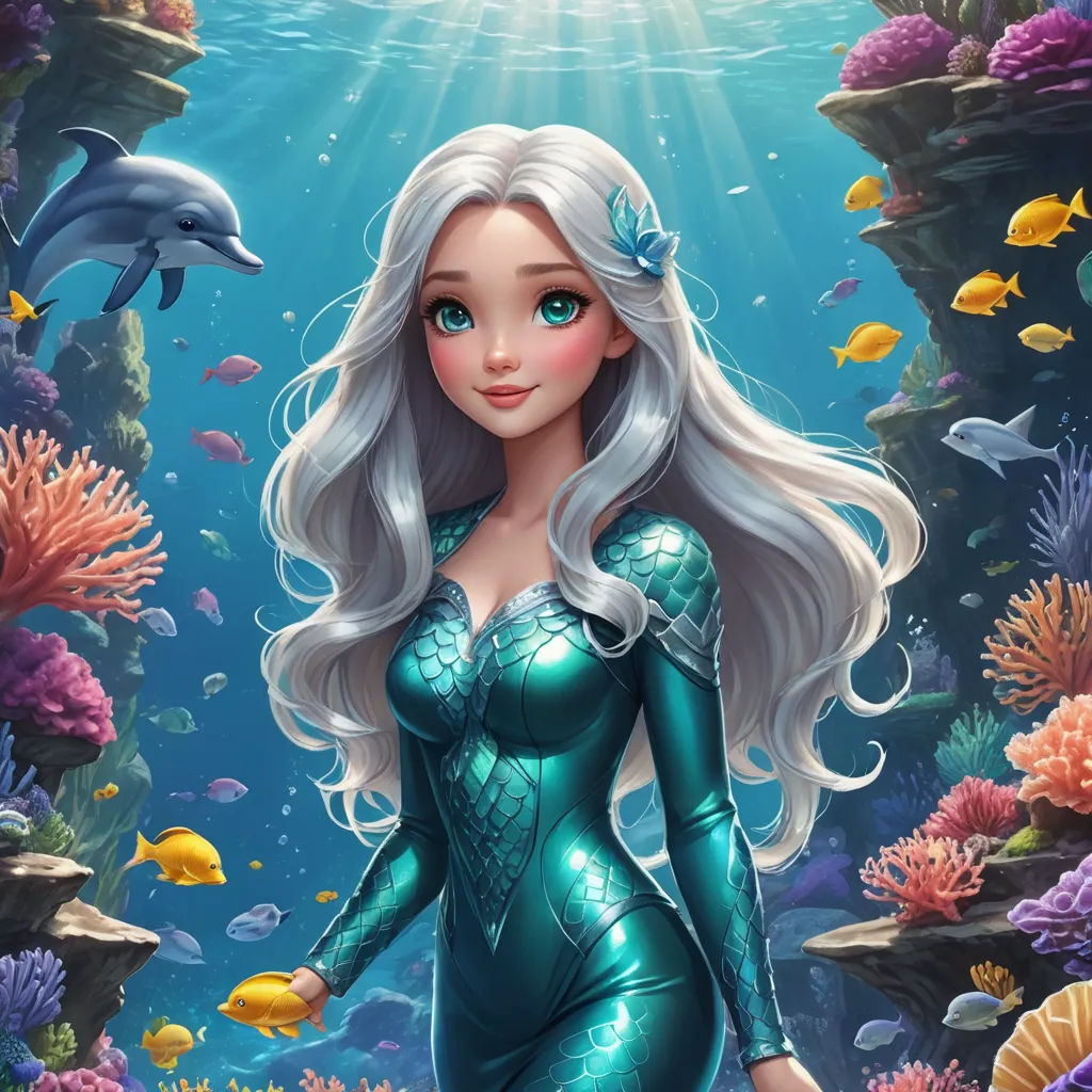 a beautiful mermaid in a blue dress standing in front of a coral reef with dolphins and dolphins in the background, fantasy art, a detailed painting, Artgerm, highly detailed digital painting
