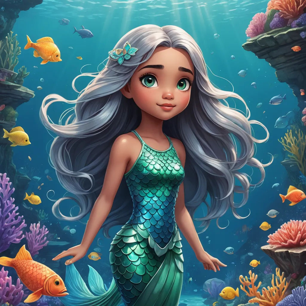a mermaid with long hair standing in the ocean with fish and corals around her, looking at the camera, fantasy art, a digital rendering, Cliff Childs, highly detailed digital painting