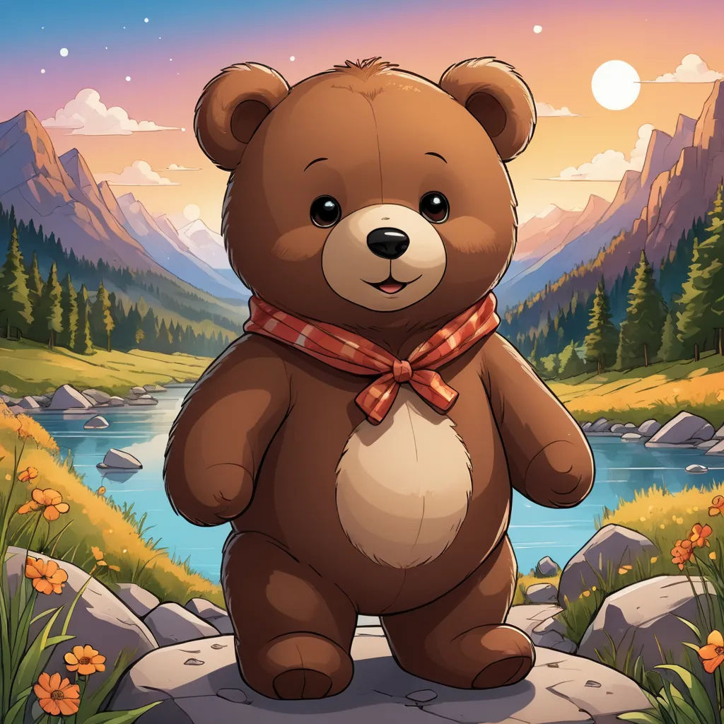 a brown teddy bear standing on a rock near a river and mountains with a red bow tie on it, sots art, a character portrait, Andrey Esionov, character portrait