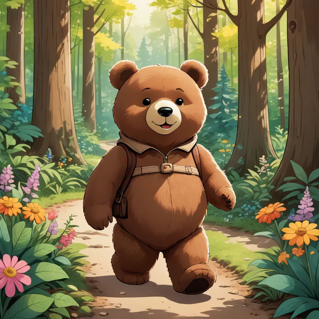 a brown bear walking down a path in a forest with flowers and trees on either side of it and a forest path with flowers and trees on both sides, sots art, concept art, Chris LaBrooy, official art