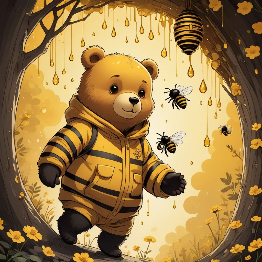 a bear in a bee suit standing in a tree with honeybees hanging from it's branches, furry art, a storybook illustration, Chris LaBrooy, official art