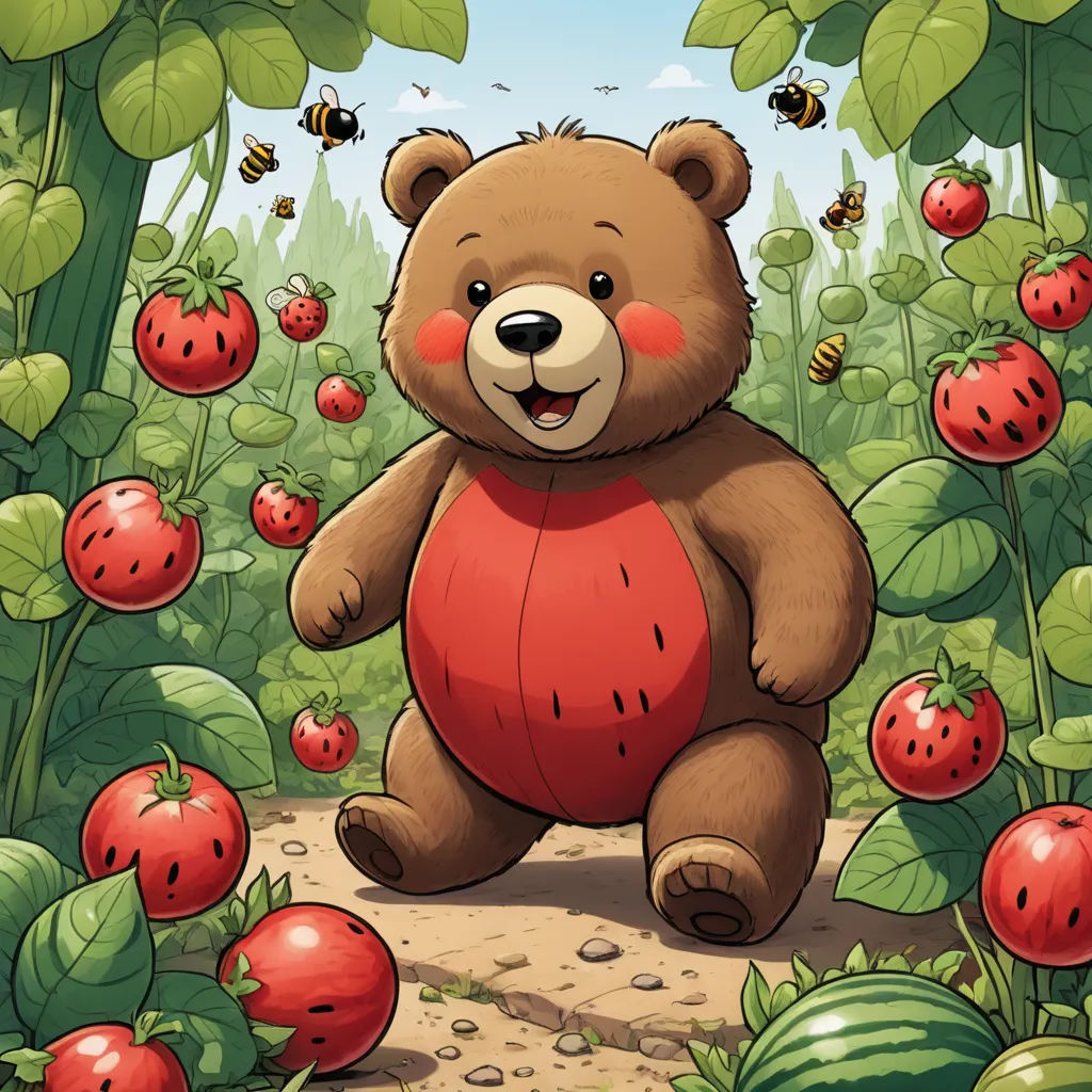 a brown teddy bear sitting in a field of red berries and green leaves with a bee flying above it, sots art, a storybook illustration, andrey ryabovichev, official art