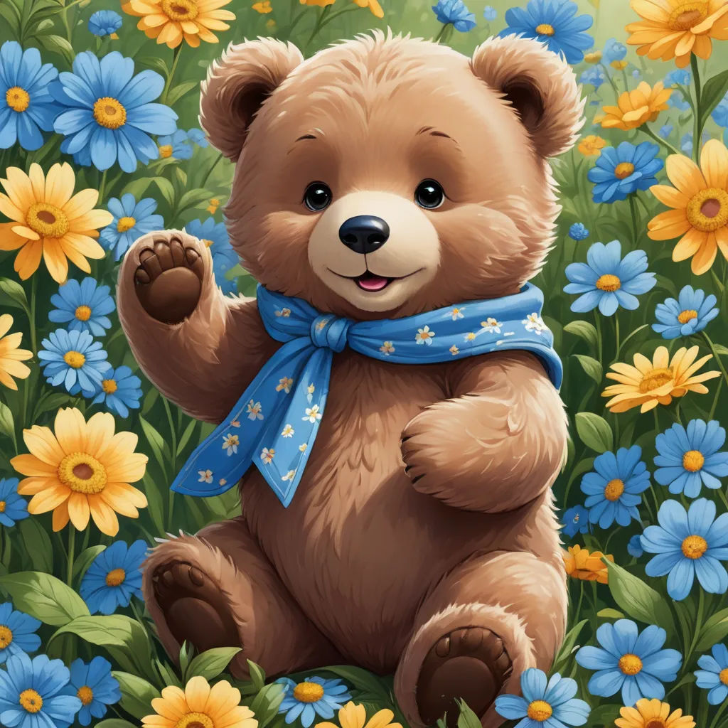 a brown teddy bear sitting in a field of flowers with a blue scarf around his neck and a blue bow around his neck, naive art, a storybook illustration, andrey ryabovichev, cheerful