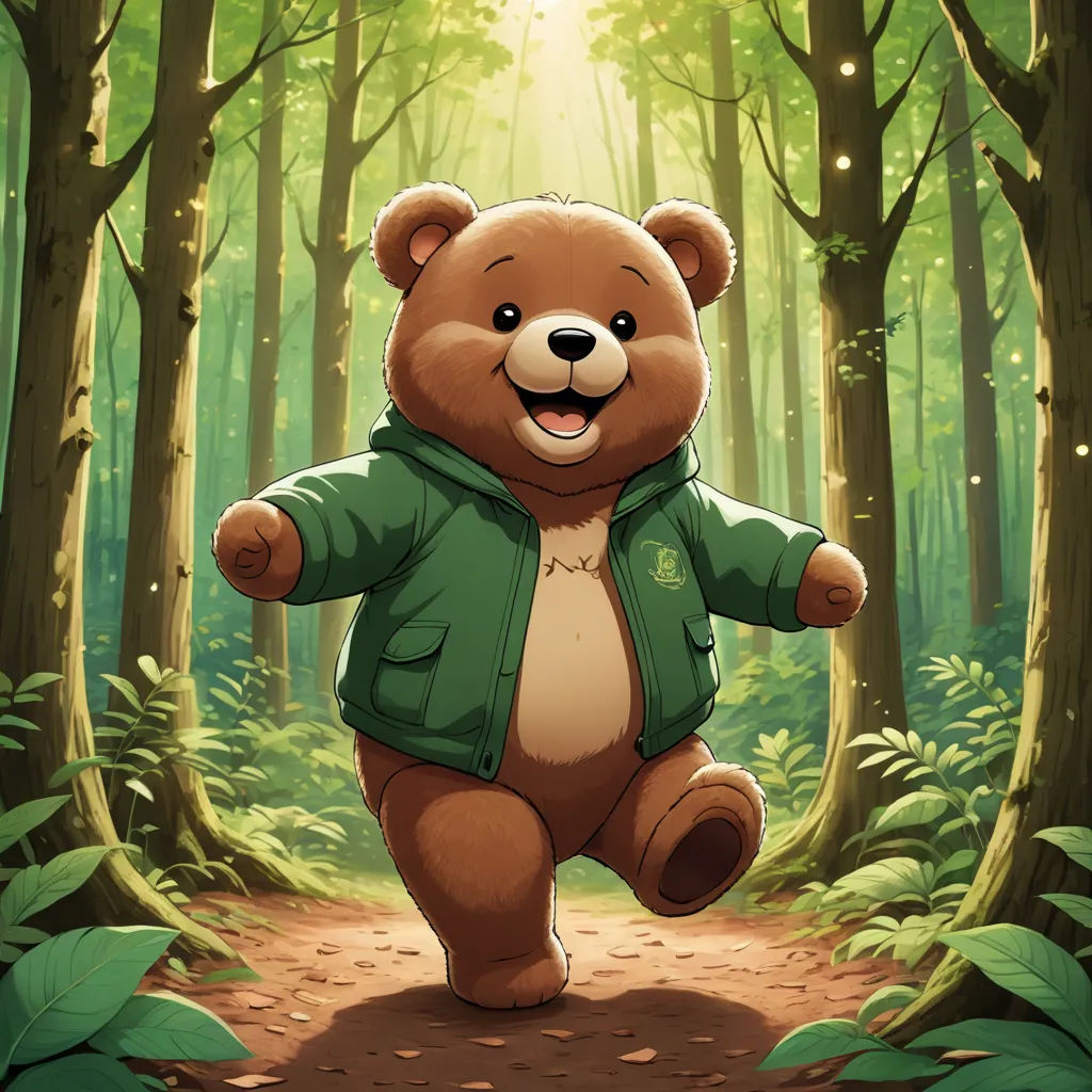 a cartoon bear is running through a forest with a light shining on him and a trail in the background, sots art, concept art, Chen Hong, official art