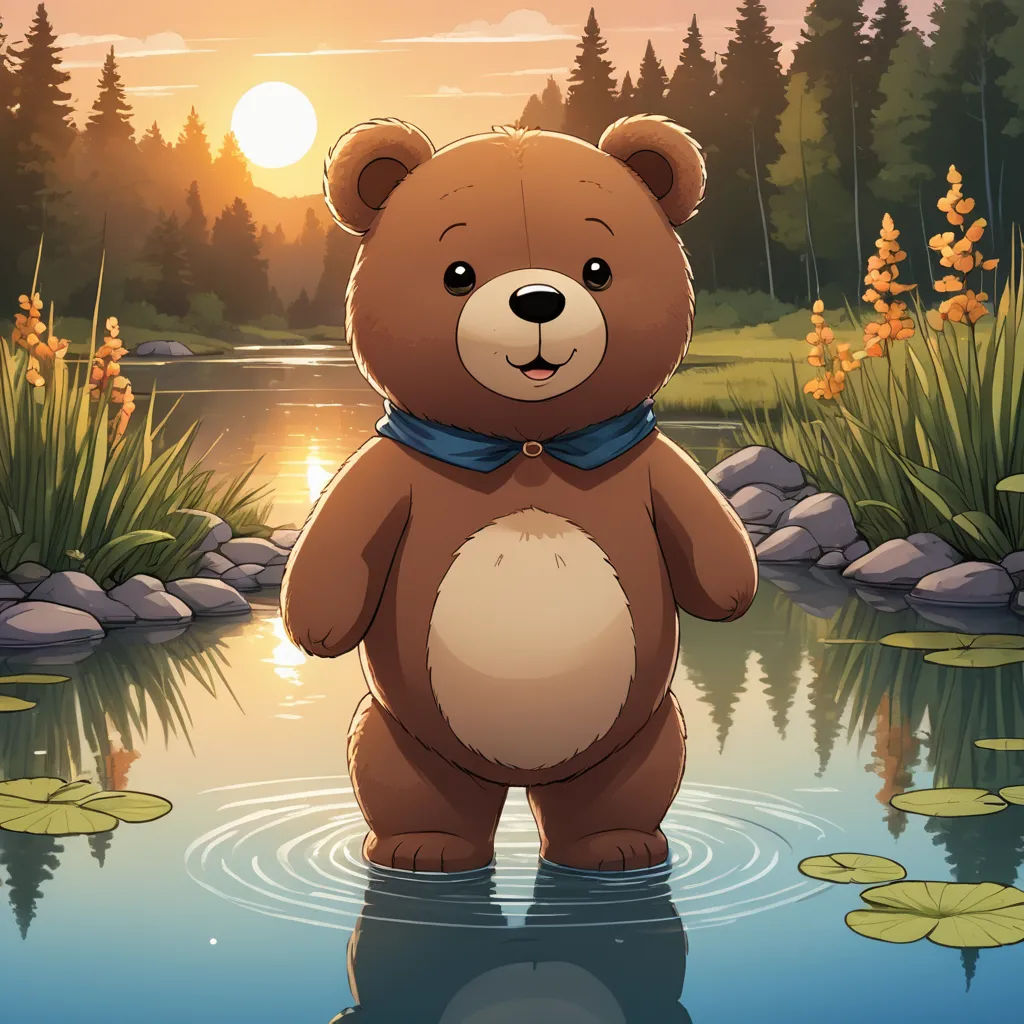 a brown bear standing in a pond with lily pads and a sunset in the background with a pond and trees, sots art, a character portrait, Dan Mumford, official art