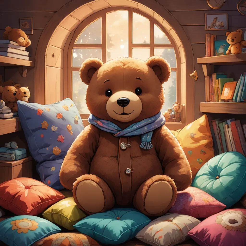 a teddy bear sitting on a pile of pillows in front of a window with a teddy bear on it, fantasy art, a storybook illustration, Chris LaBrooy, art station