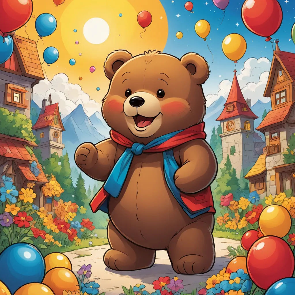a cartoon bear is standing in a field of balloons and flowers with a house in the background and a full moon in the sky, sots art, a storybook illustration, Chris LaBrooy, official art