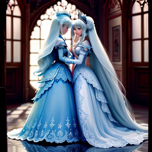 two dolls dressed in blue and white are standing together in a room with a large window and a chandelier
