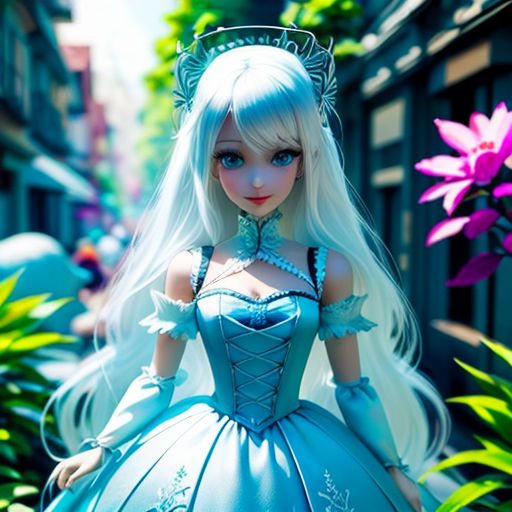 a doll dressed in a blue dress and tiara standing in a garden with flowers and plants in the background