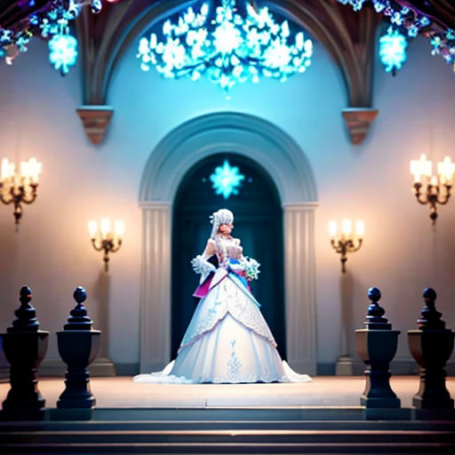 a woman in a wedding dress standing on a stage with a chandelier in the background and a chandelier in the foreground