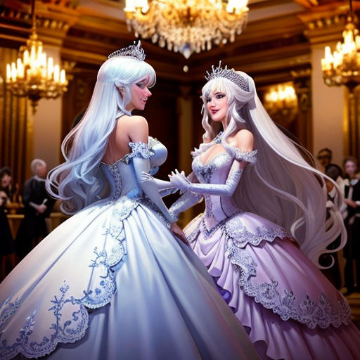 two barbie dolls dressed in wedding dresses in a ballroom with chandeliers and chandeliers in the background
