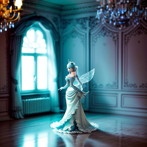 a fairy figurine is standing in a room with chandelier and a window in the background