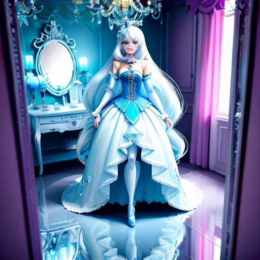 a doll is dressed in a blue dress and a tiara is on a table in a room with a mirror