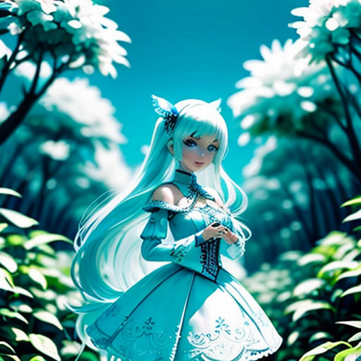 a doll is standing in a field of flowers and grass with a blue dress and long hair, and a blue background