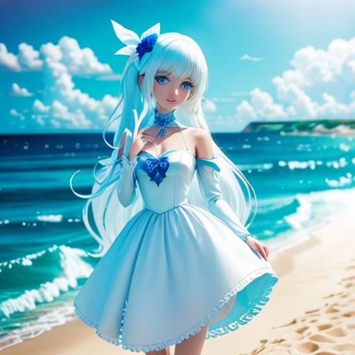 a girl in a white dress on a beach with waves in the background and a blue sky with clouds