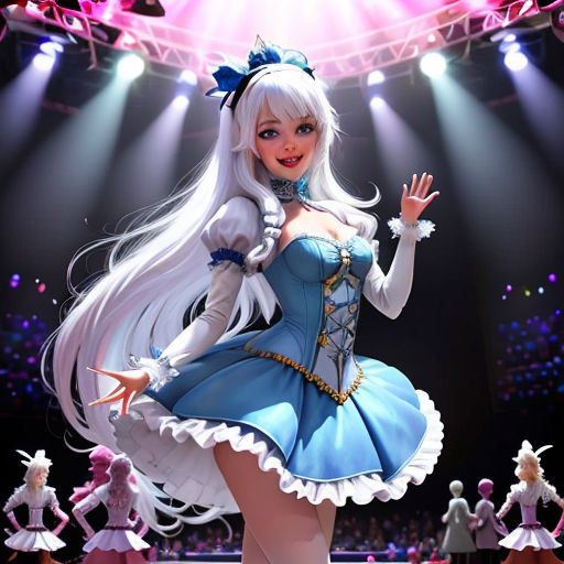 a cartoon character dressed in a blue dress and white hair, standing in front of a stage with a crowd of people