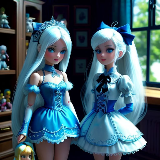 two dolls are standing next to each other in a room with a window and a shelf full of toys