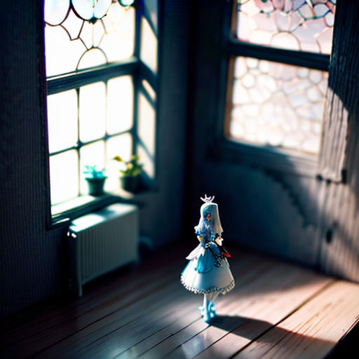 a small doll is standing in front of a window in a room with stained glass windows and a wooden floor