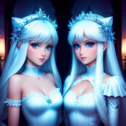 two women dressed in white are standing next to each other in a room with a candle and a mirror