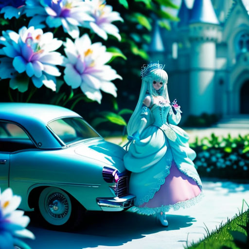 a car and a princess in a blue dress and a car in front of a castle with flowers and a blue sky