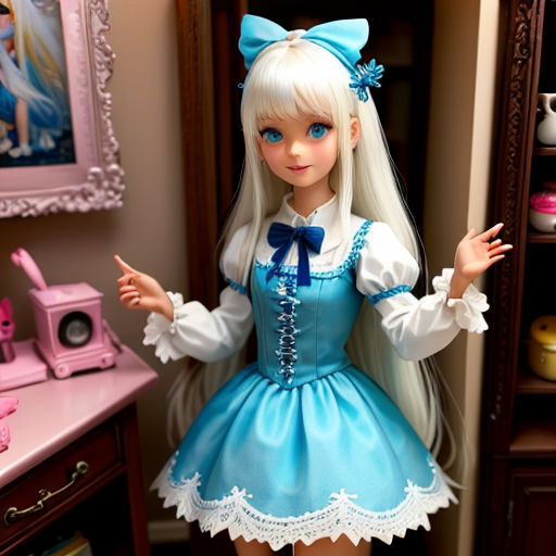 a doll dressed in a blue dress and white hair standing in a room with a mirror and a dresser