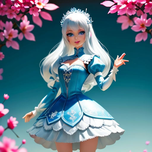 a doll dressed in a blue dress and a tiara with flowers in the background and a blue sky