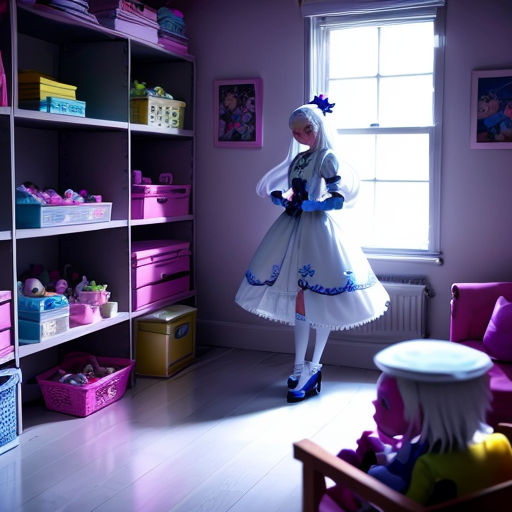 a woman in a white dress standing in a room with shelves and a window in the background and a pink chair