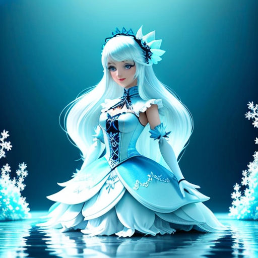 a cartoon character dressed in a blue dress and tiara with snowflakes around her neck and shoulders