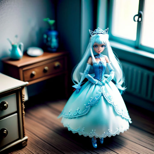 a doll dressed in a blue dress and tiara standing in a room with a dresser and a window