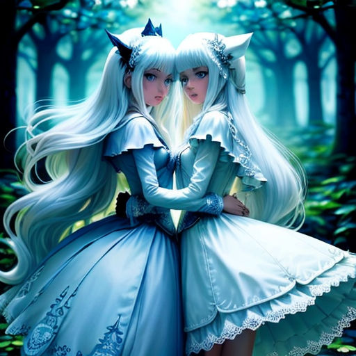 two anime girls in blue dresses standing in the woods with their arms around each other, with trees in the background