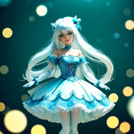 a doll dressed in a blue dress with white hair and a blue bow on her head and a blue dress with white hair