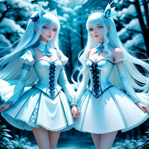 two anime girls dressed in white and blue outfits in a forest with snow - covered trees and a path