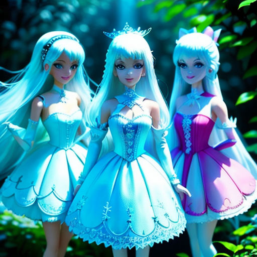 three dolls are standing in the woods together, wearing dresses and tiaras, and holding hands together,