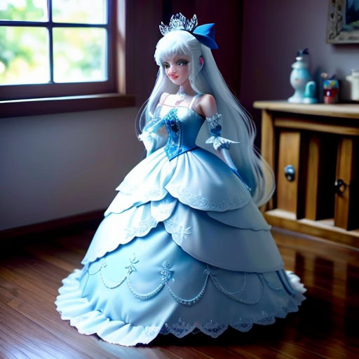 a doll is dressed in a blue dress and tiara, sitting on a wooden floor in front of a window