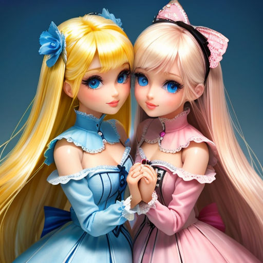 two dolls are dressed in dresses and holding hands together, both wearing blue and pink hair and blue eyes